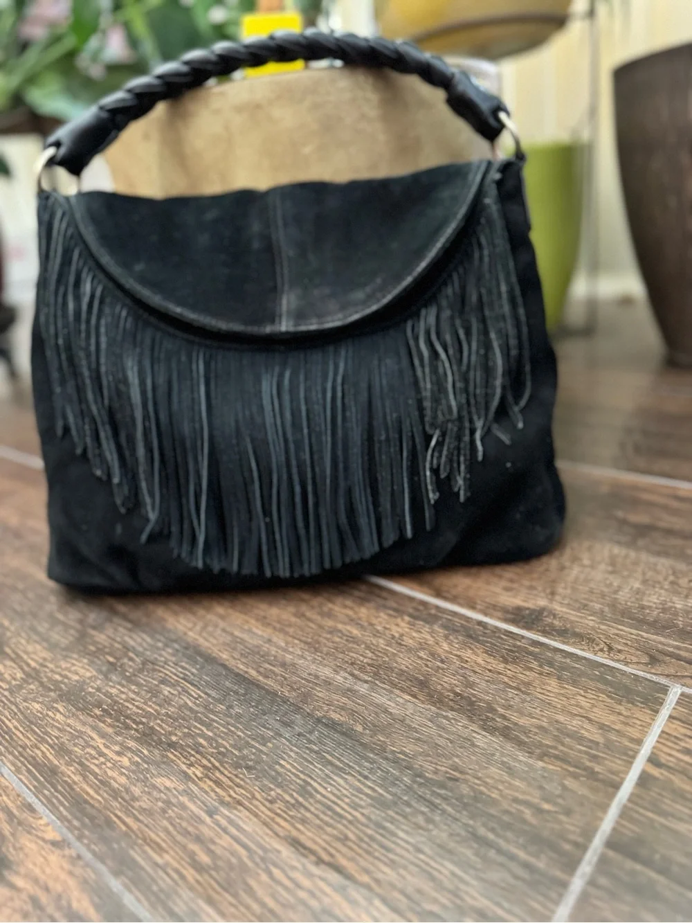 CZ Falconer black suede fringe black shoulder bag good condition